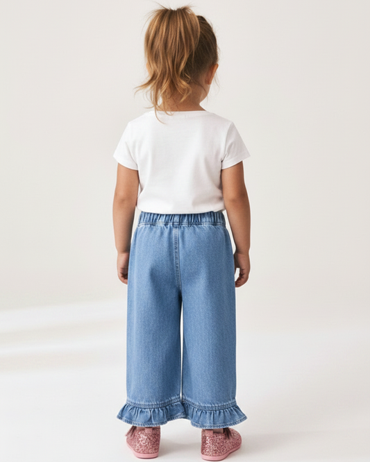 Light Wash Ruffle-Hem Elastic Waist Jeans