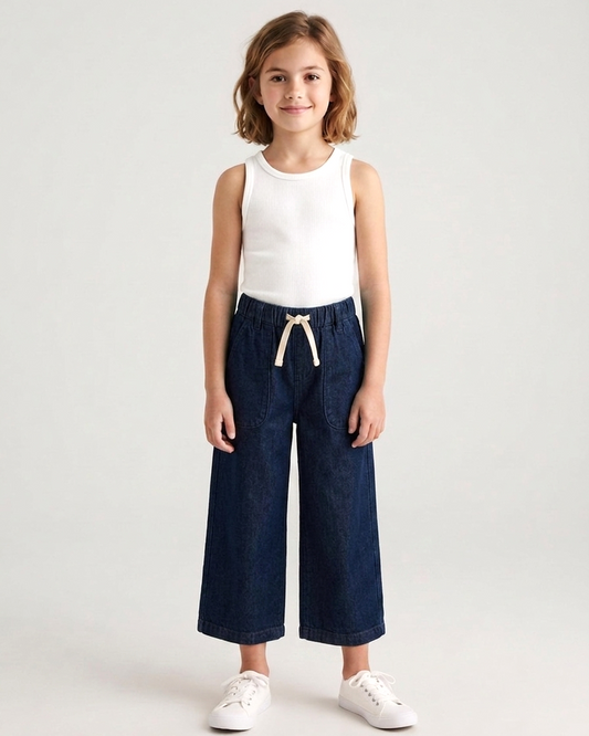 Dark Wash Drawstring Wide Leg Cropped Jeans