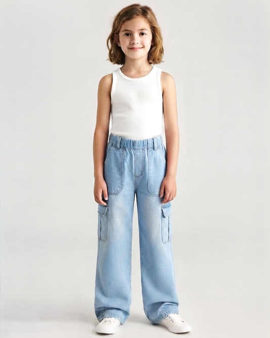 Light Wash Elastic-Waist Cargo Wide Leg Jeans