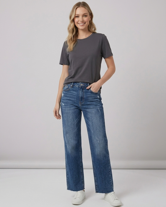 High-Rise Distressed Straight Jeans