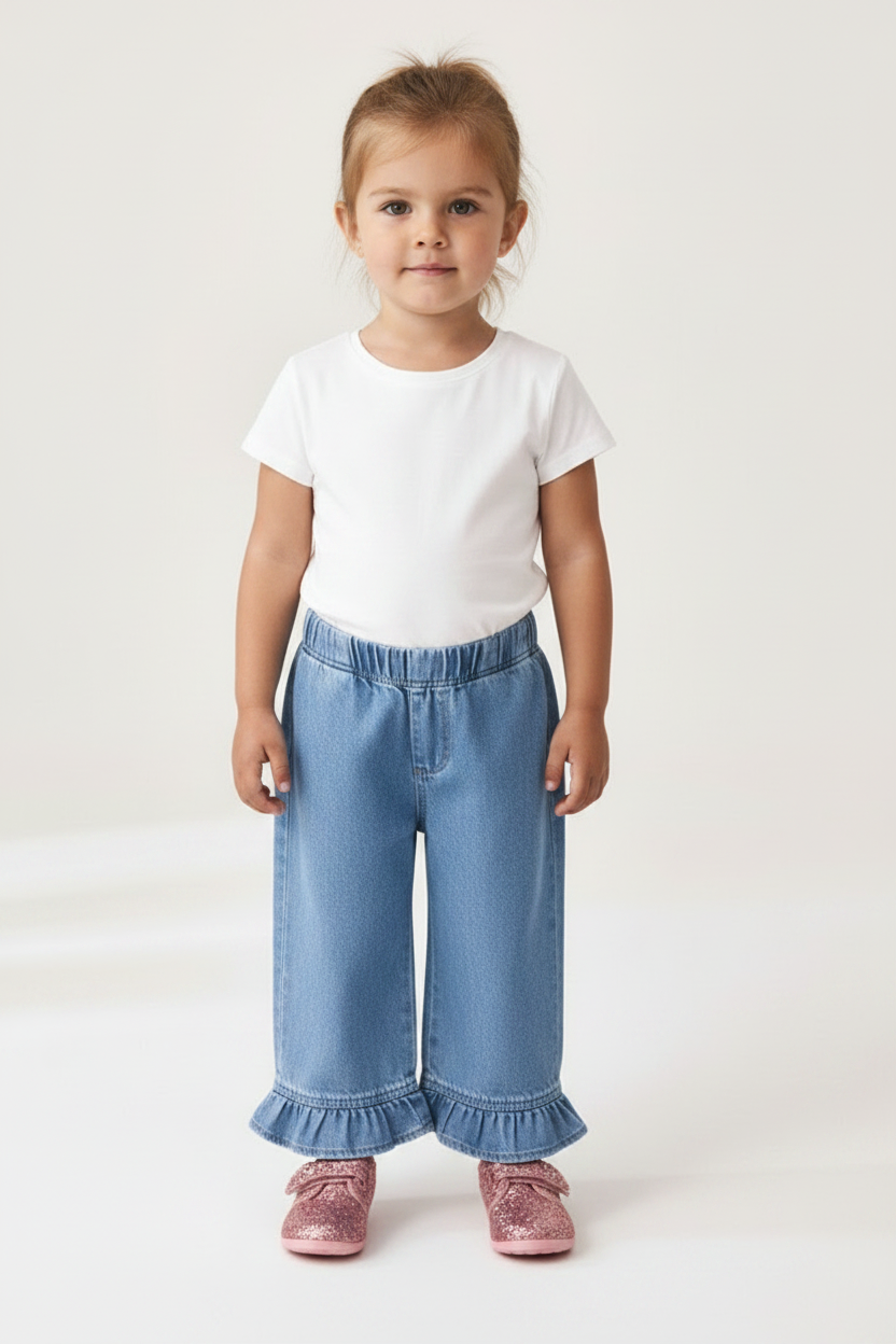 Light Wash Ruffle-Hem Elastic Waist Jeans