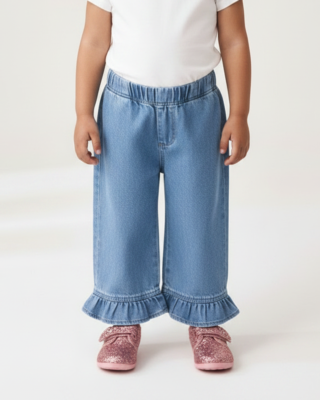 Light Wash Ruffle-Hem Elastic Waist Jeans