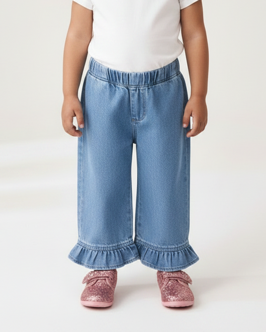 Light Wash Ruffle-Hem Elastic Waist Jeans