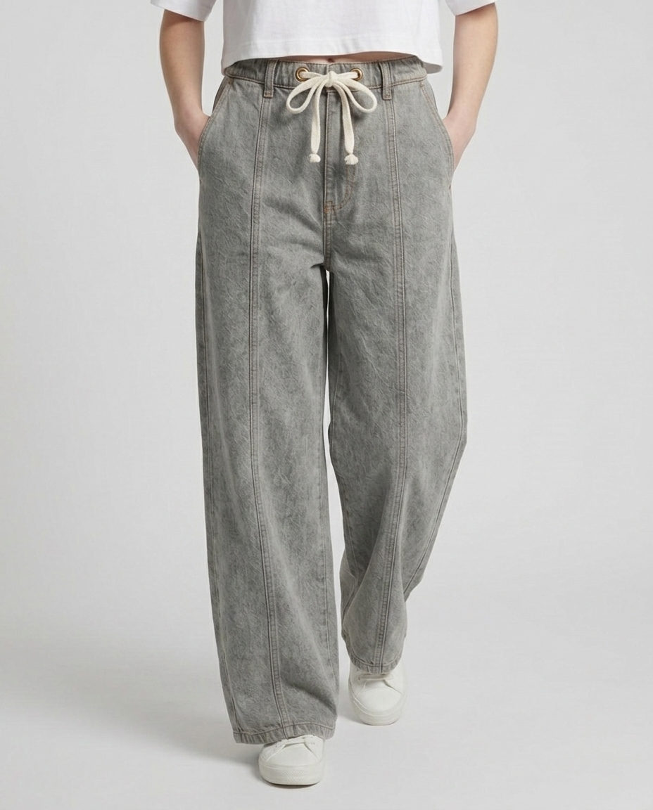 Acid Wash Denim Trouser With Waist-Cord