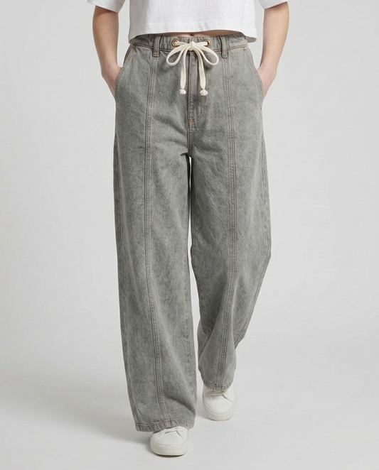 Acid Wash Denim Trouser With Waist-Cord