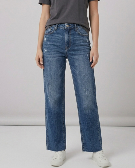 High-Rise Distressed Straight Jeans