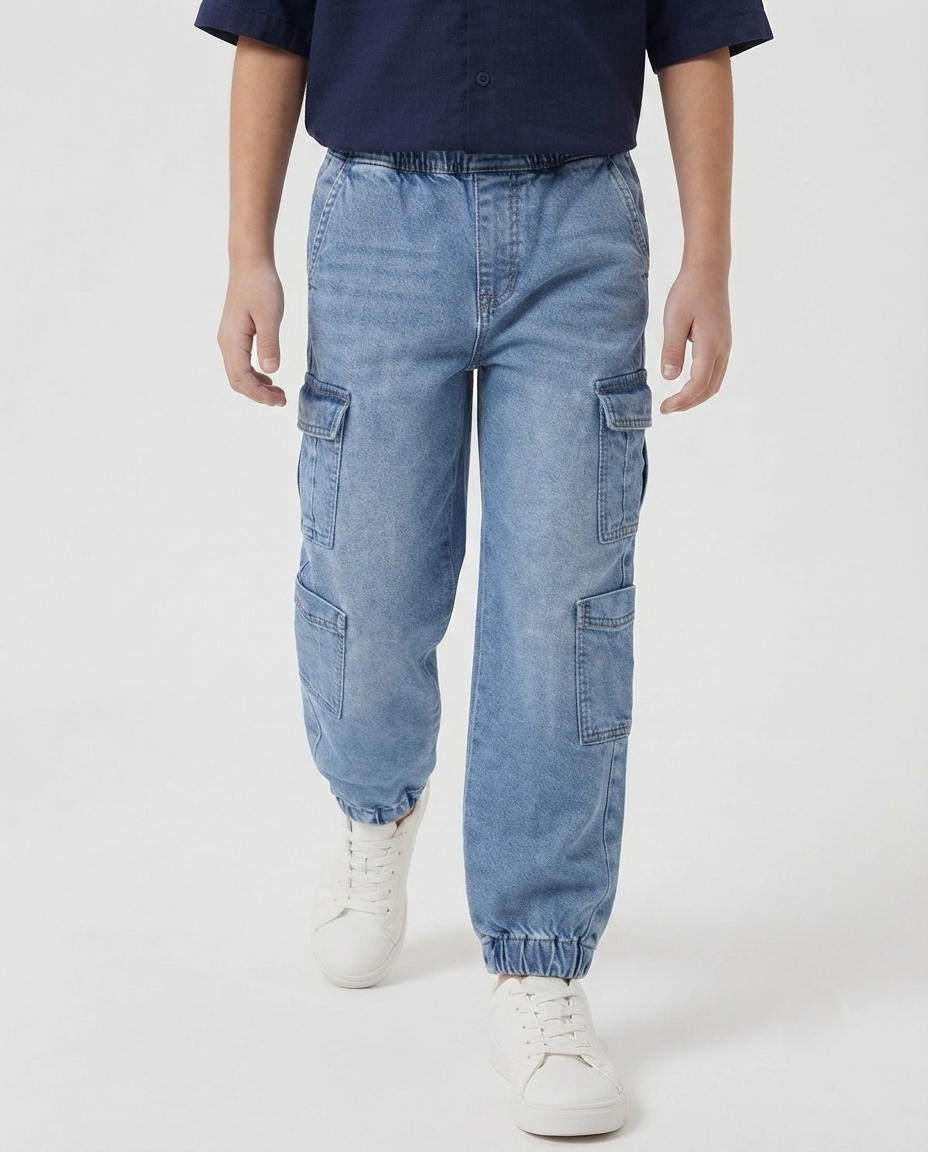 Boys Light Wash Cargo Jeans