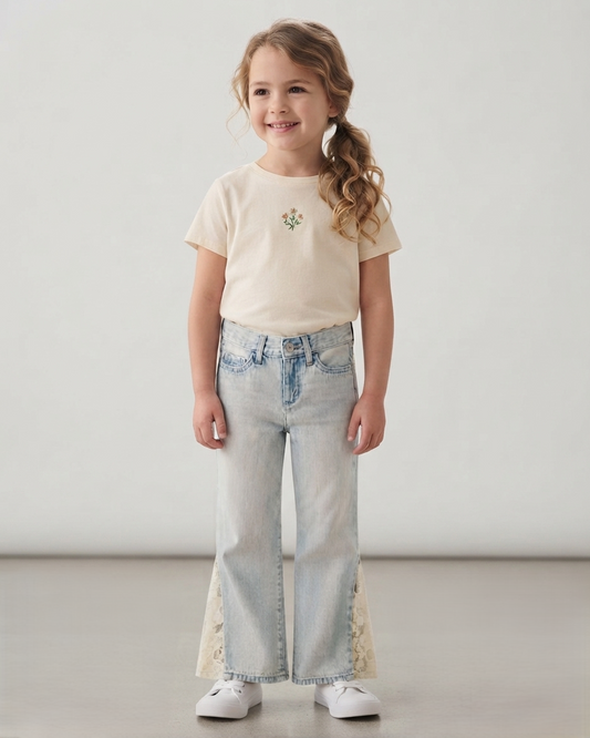 Light-wash Blue Flare Jeans with Lace