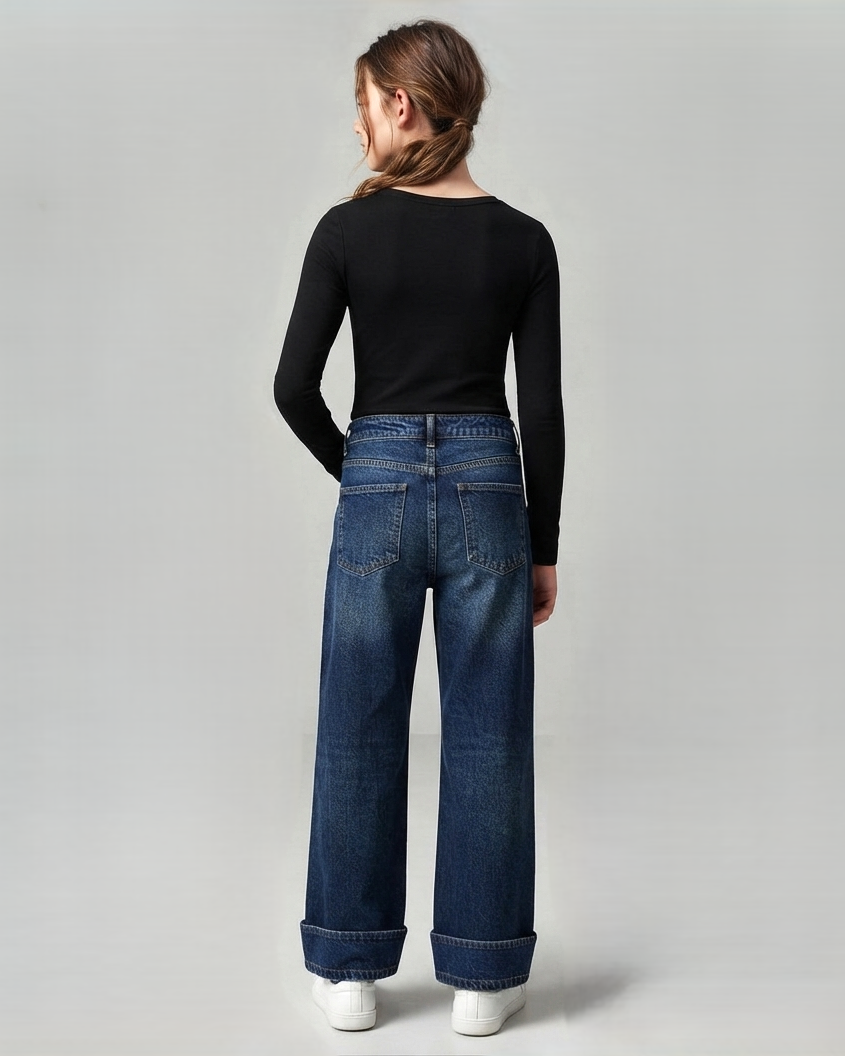 Wide Leg Dark Blue Jeans with Turn-Up Hem