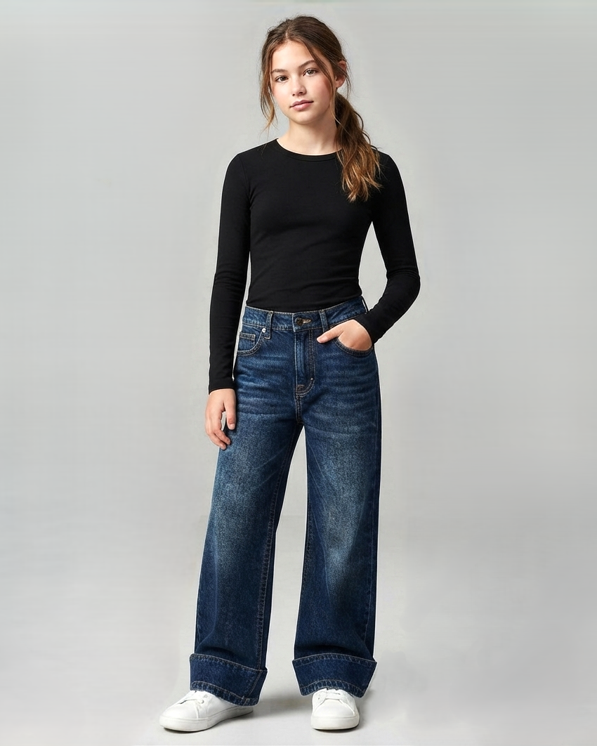 Wide Leg Dark Blue Jeans with Turn-Up Hem