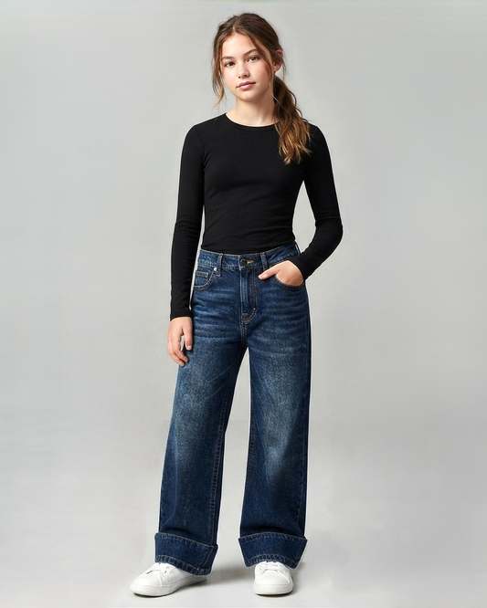 Wide Leg Dark Blue Jeans with Turn-Up Hem