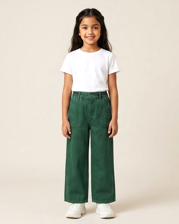 Elastic Waist Relaxed Straight Green Jeans