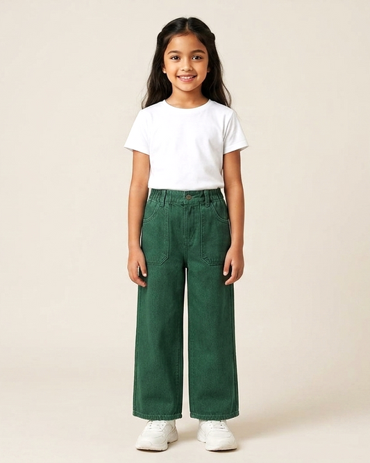Elastic Waist Relaxed Straight Green Jeans