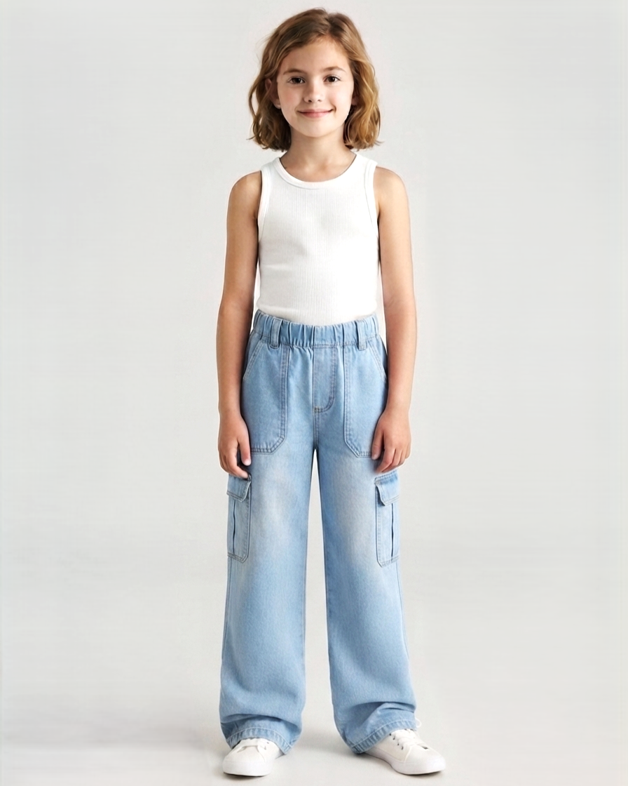 Light Wash Elastic-Waist Cargo Wide Leg Jeans