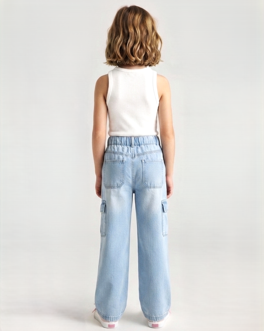 Light Wash Elastic-Waist Cargo Wide Leg Jeans