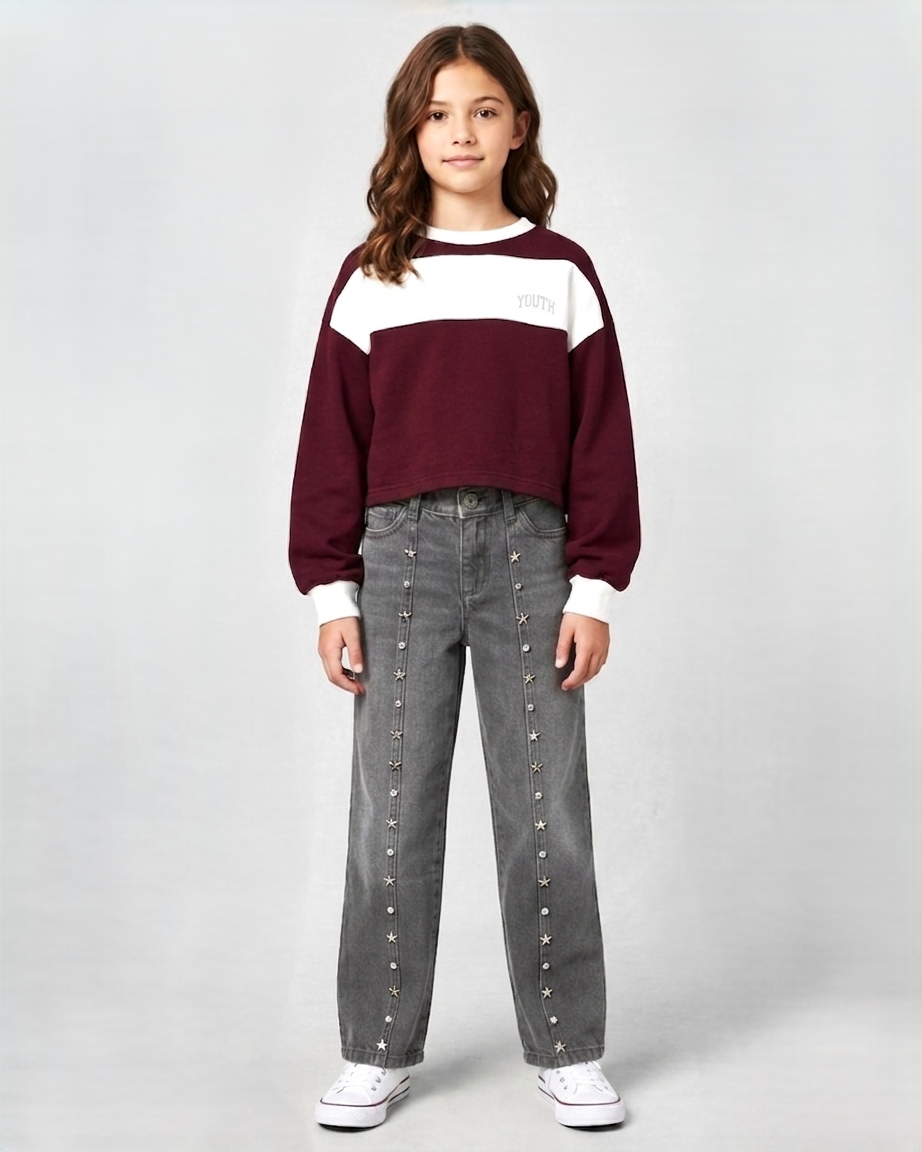 Grey Star-Embellished Straight Wide Leg Jeans