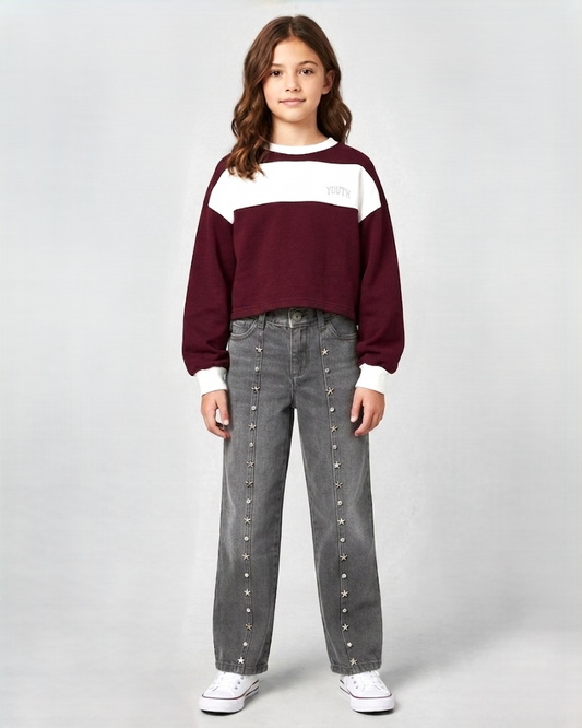 Grey Star-Embellished Straight Wide Leg Jeans