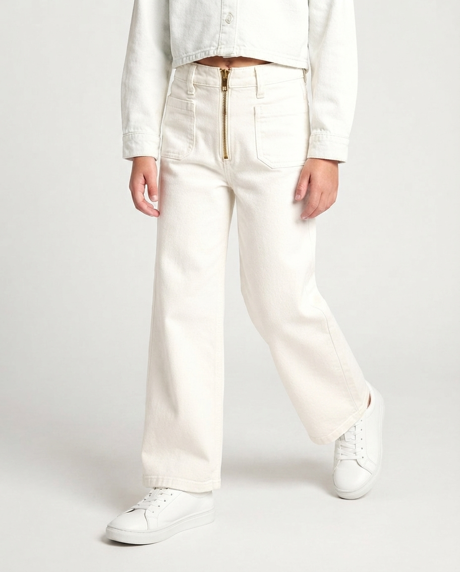 Wide Leg Off-White Zip Jeans
