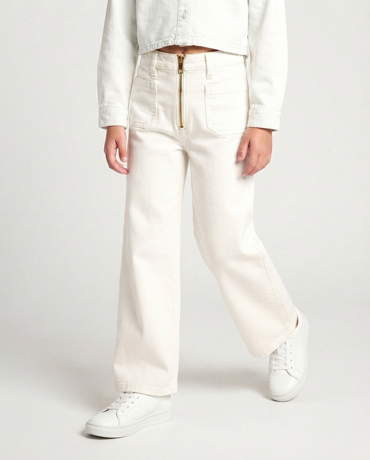Wide Leg Off-White Zip Jeans