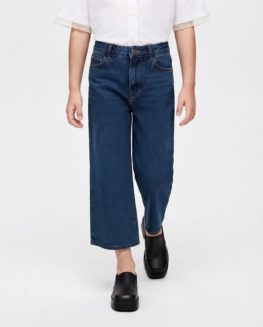 Dark Blue Wide-Leg Cropped Jeans