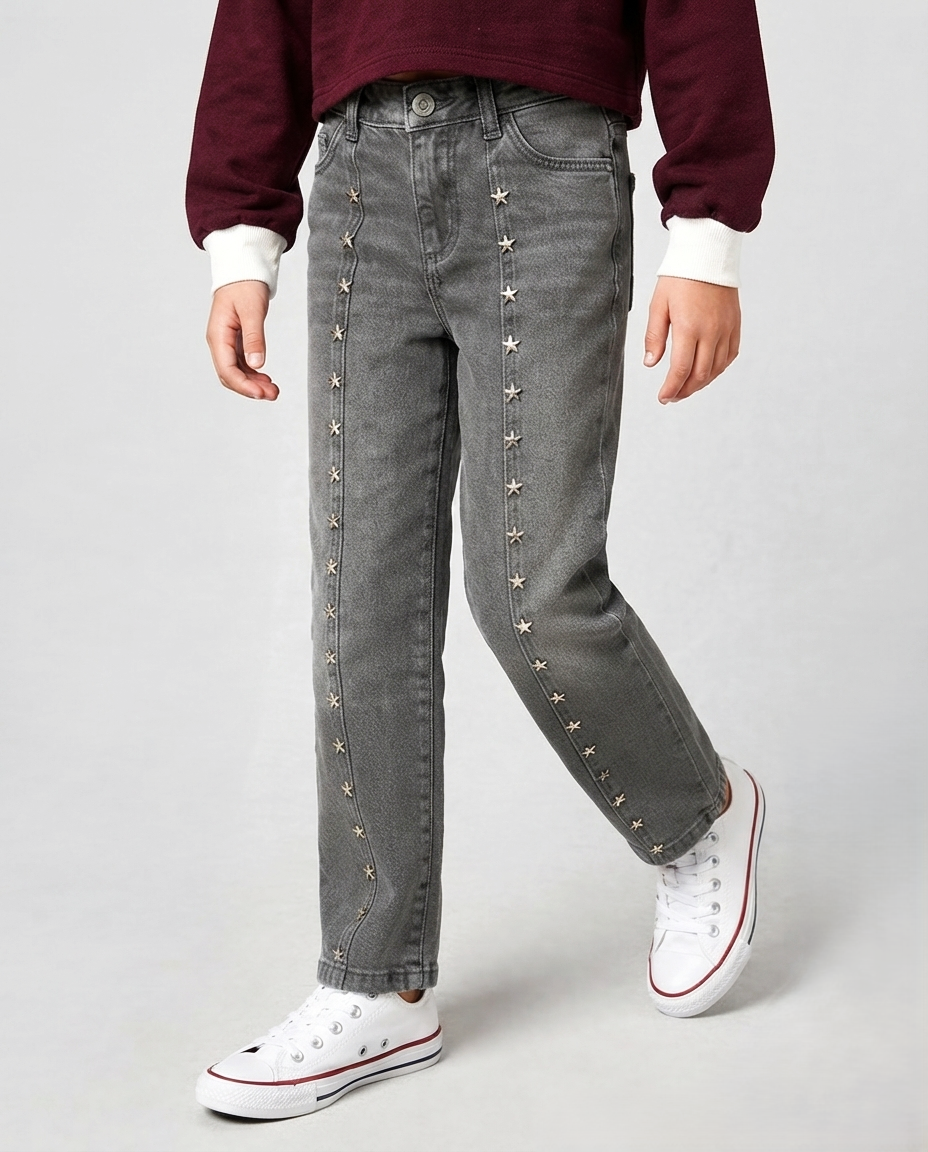 Grey Star-Embellished Straight Wide Leg Jeans