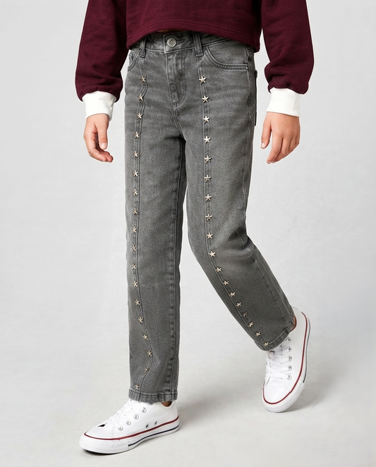 Grey Star-Embellished Straight Wide Leg Jeans