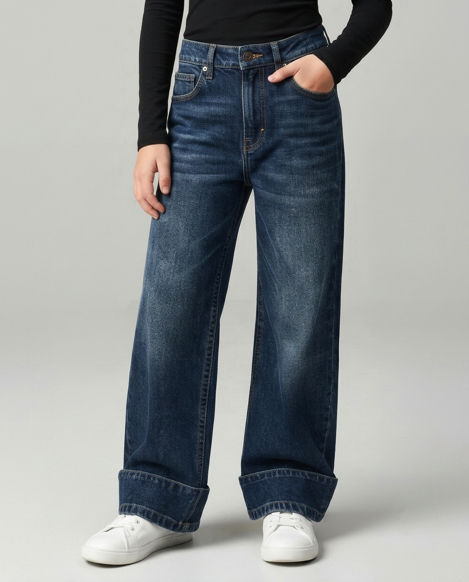 Wide Leg Dark Blue Jeans with Turn-Up Hem