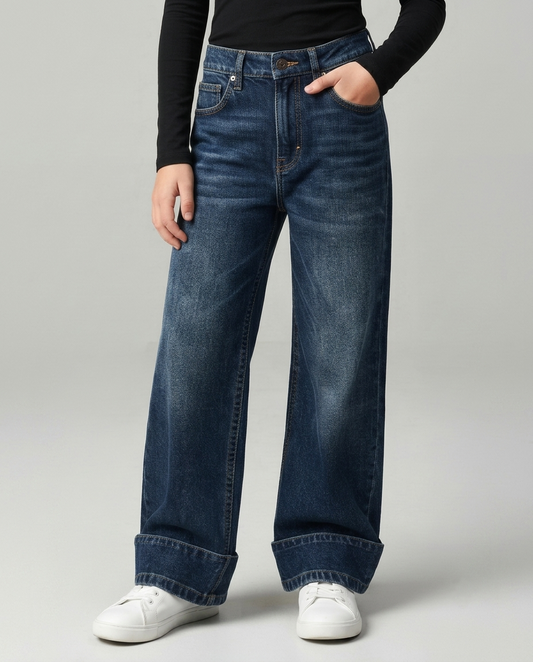 Wide Leg Dark Blue Jeans with Turn-Up Hem
