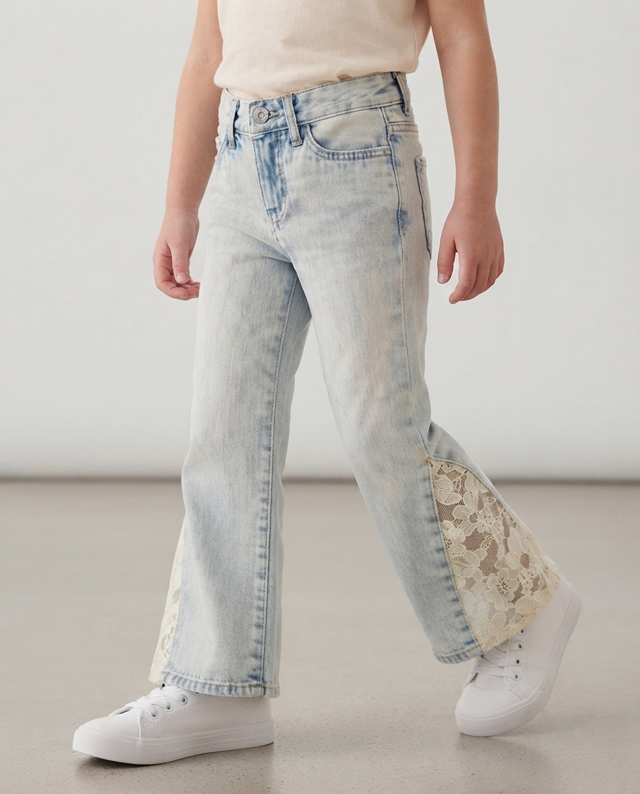 Light-wash Blue Flare Jeans with Lace