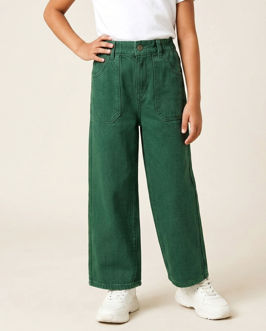 Elastic Waist Relaxed Straight Green Jeans