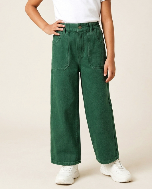 Elastic Waist Relaxed Straight Green Jeans