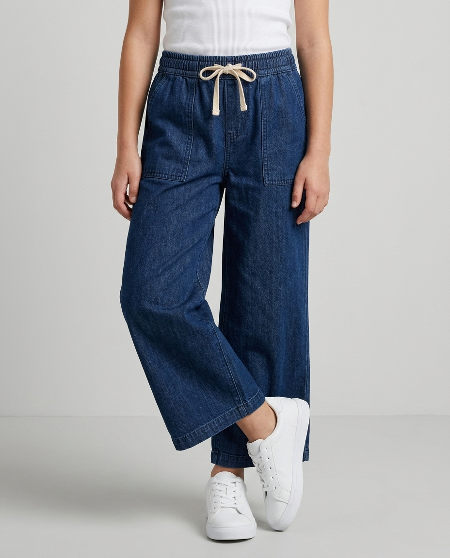 Dark Wash Drawstring Wide Leg Cropped Jeans