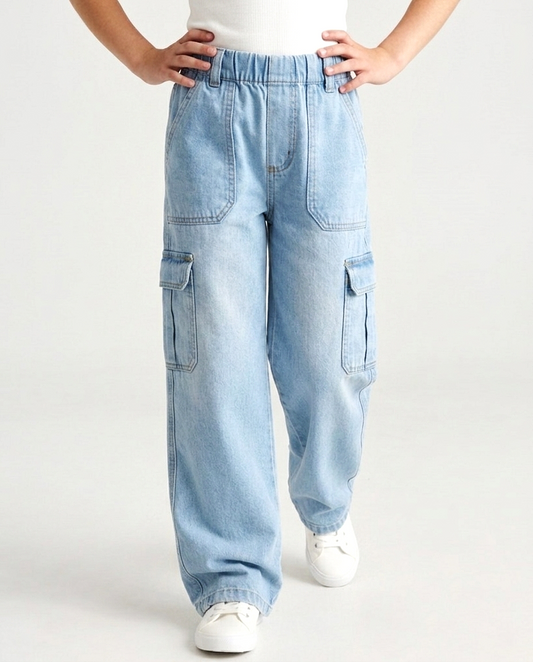 Light Wash Elastic-Waist Cargo Wide Leg Jeans