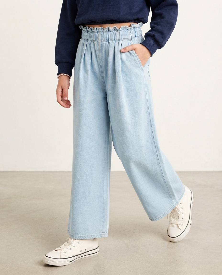 Light Wash Pleated Palazzo Denim