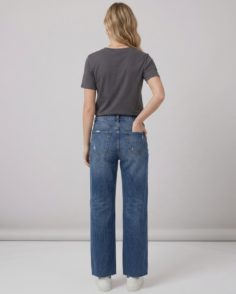High-Rise Distressed Straight Jeans