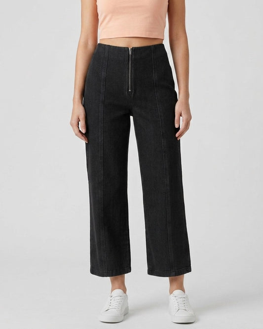 Black Cropped Zipper Jeans