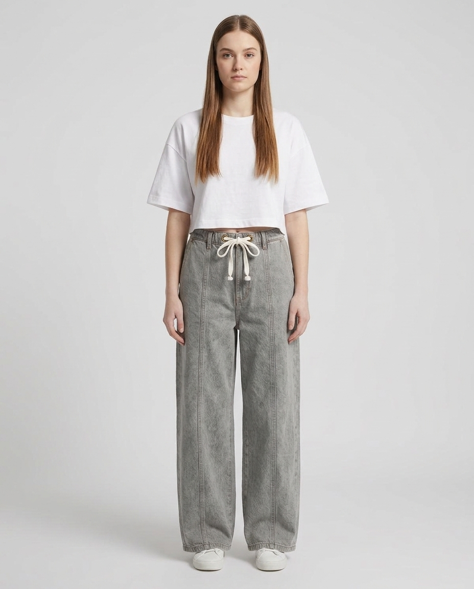 Acid Wash Denim Trouser With Waist-Cord