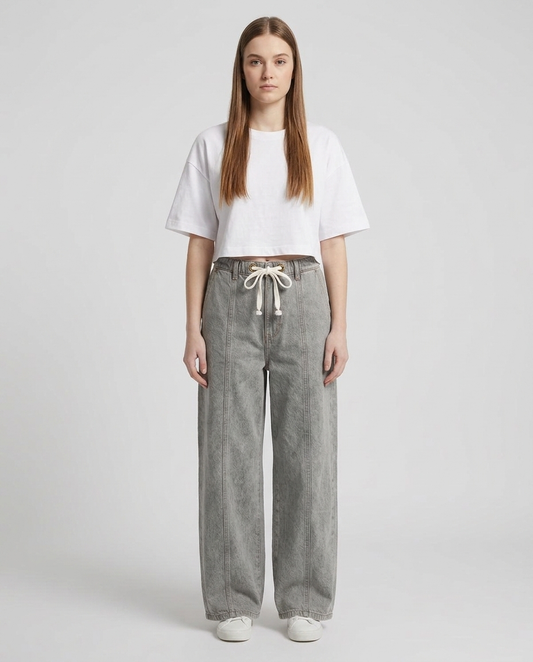 Acid Wash Denim Trouser With Waist-Cord